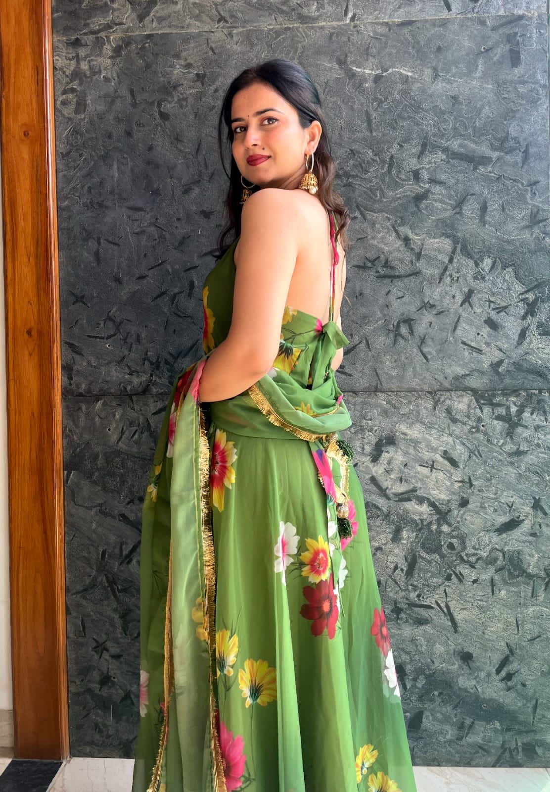 Fancy Neck Pattern Green Color Flower Printed Anarkali Gown