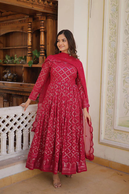 Attractive Pink Color Heavy Embroidered Work Gown With Dupatta