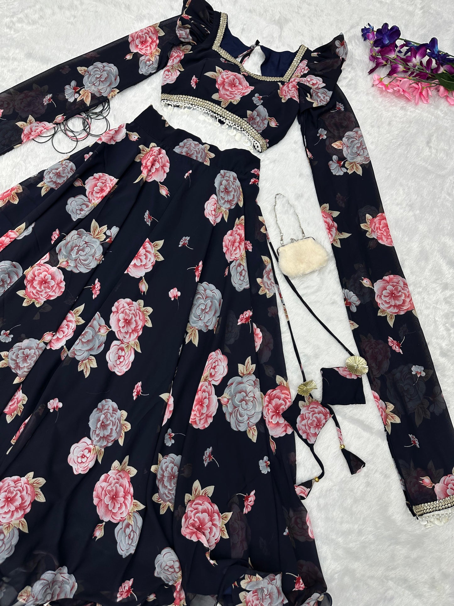 Party Wear Flower Digital Printed Black Lehenga Choli