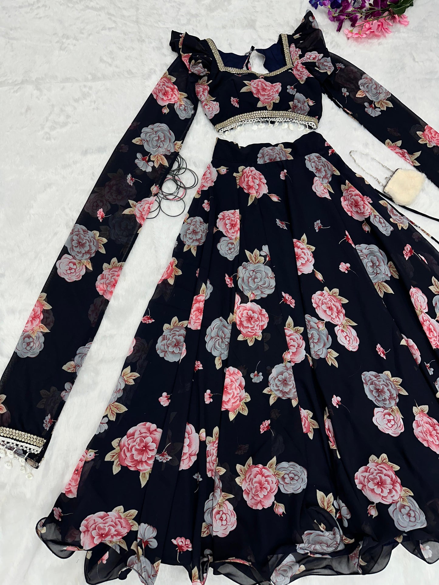 Party Wear Flower Digital Printed Black Lehenga Choli