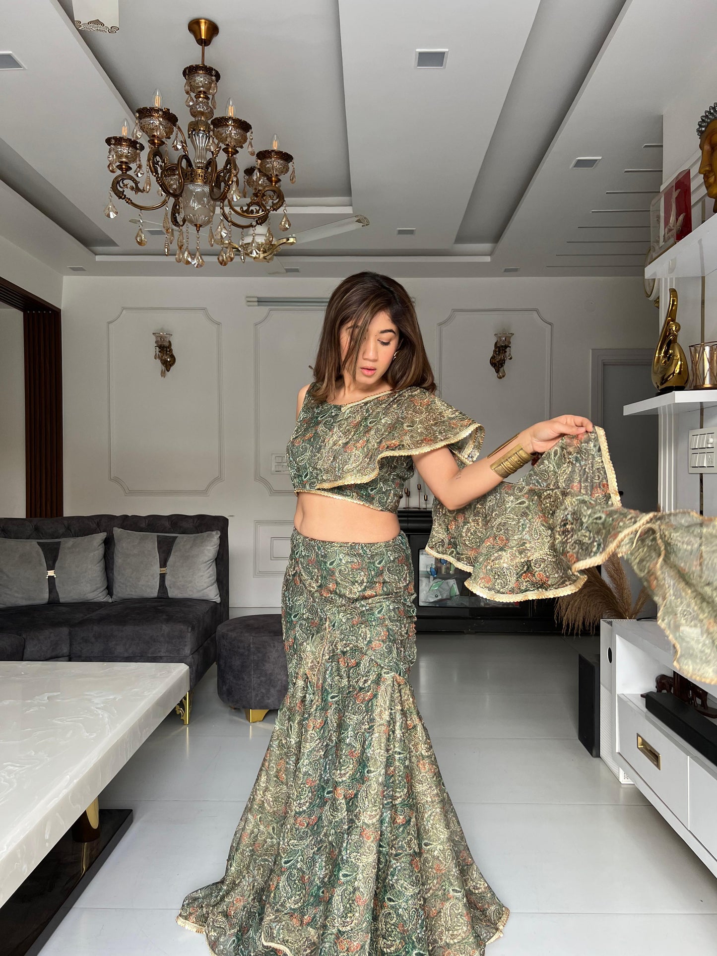 Party Wear Green Fish Cut Lehenga With Fancy Blouse