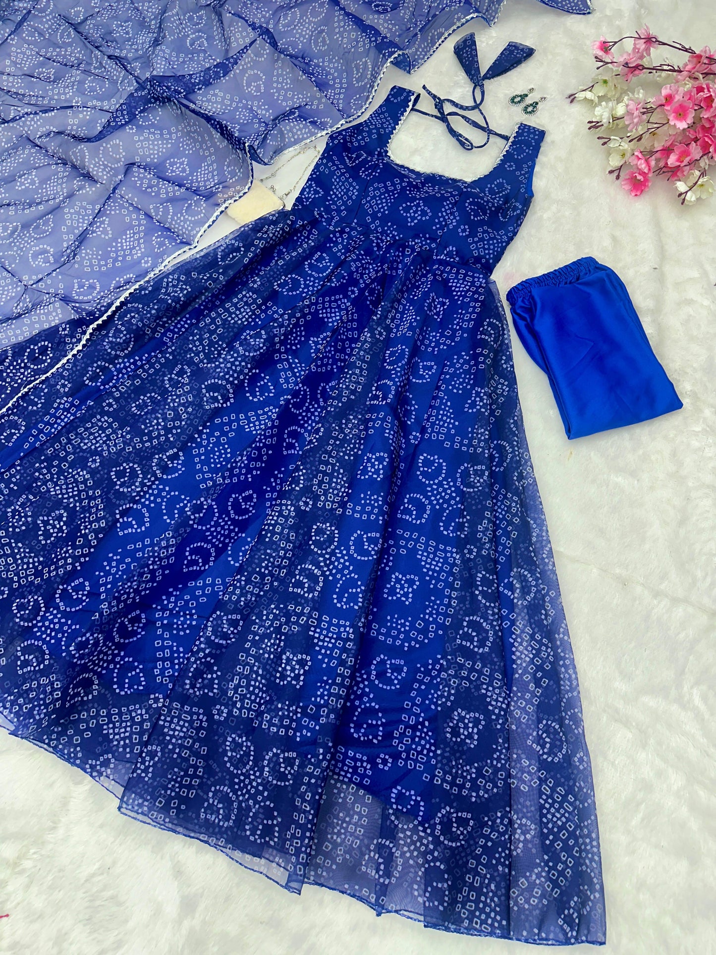 Blue color Digital printed organza silk Anarkali suit Set