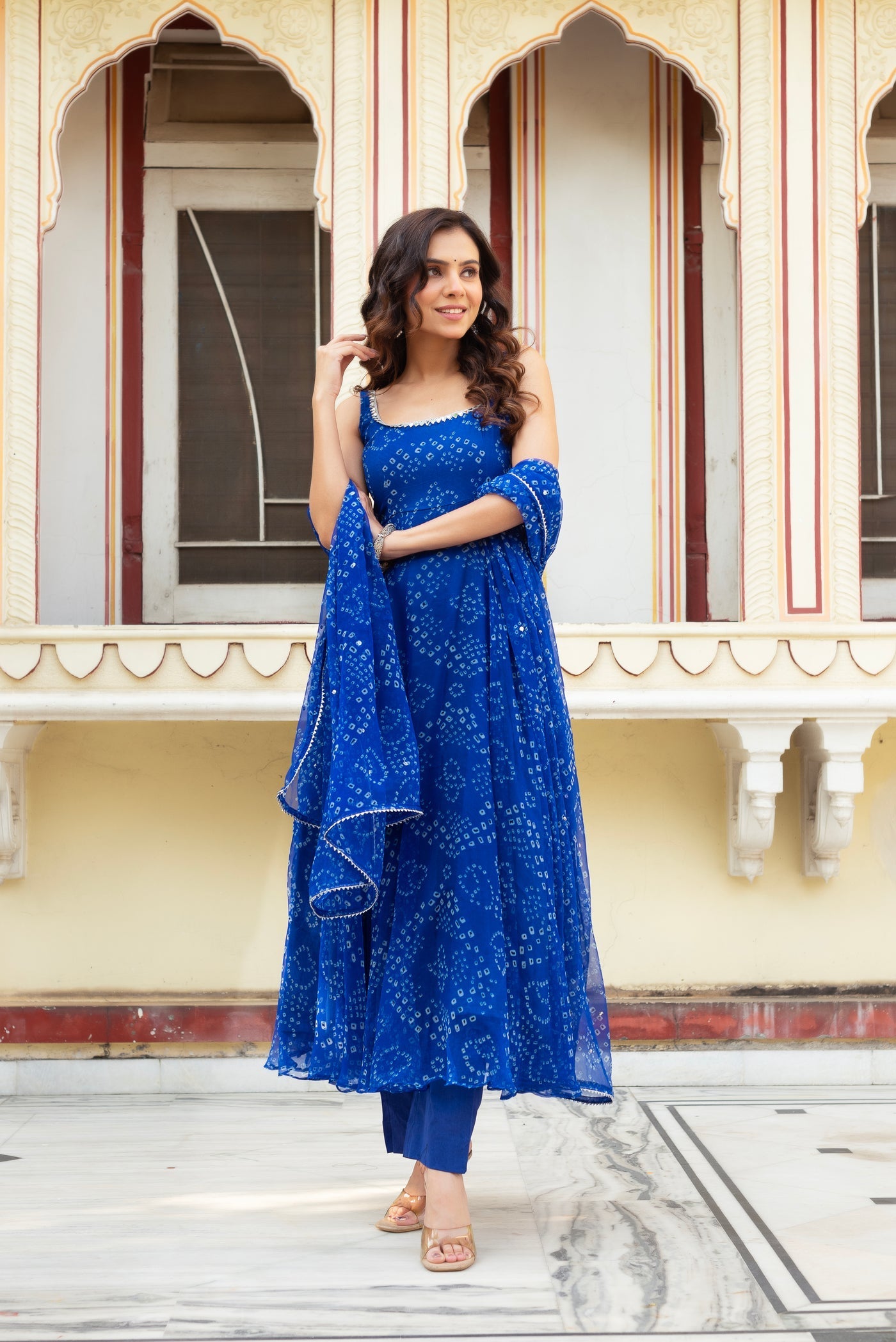 Blue color Digital printed organza silk Anarkali suit Set