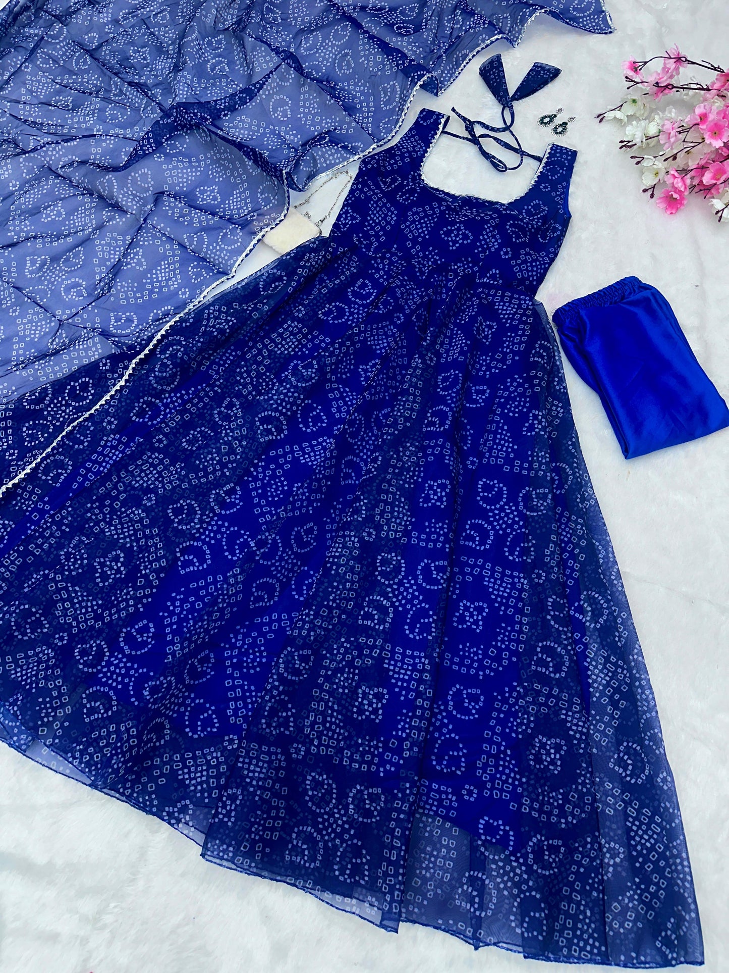 Blue color Digital printed organza silk Anarkali suit Set