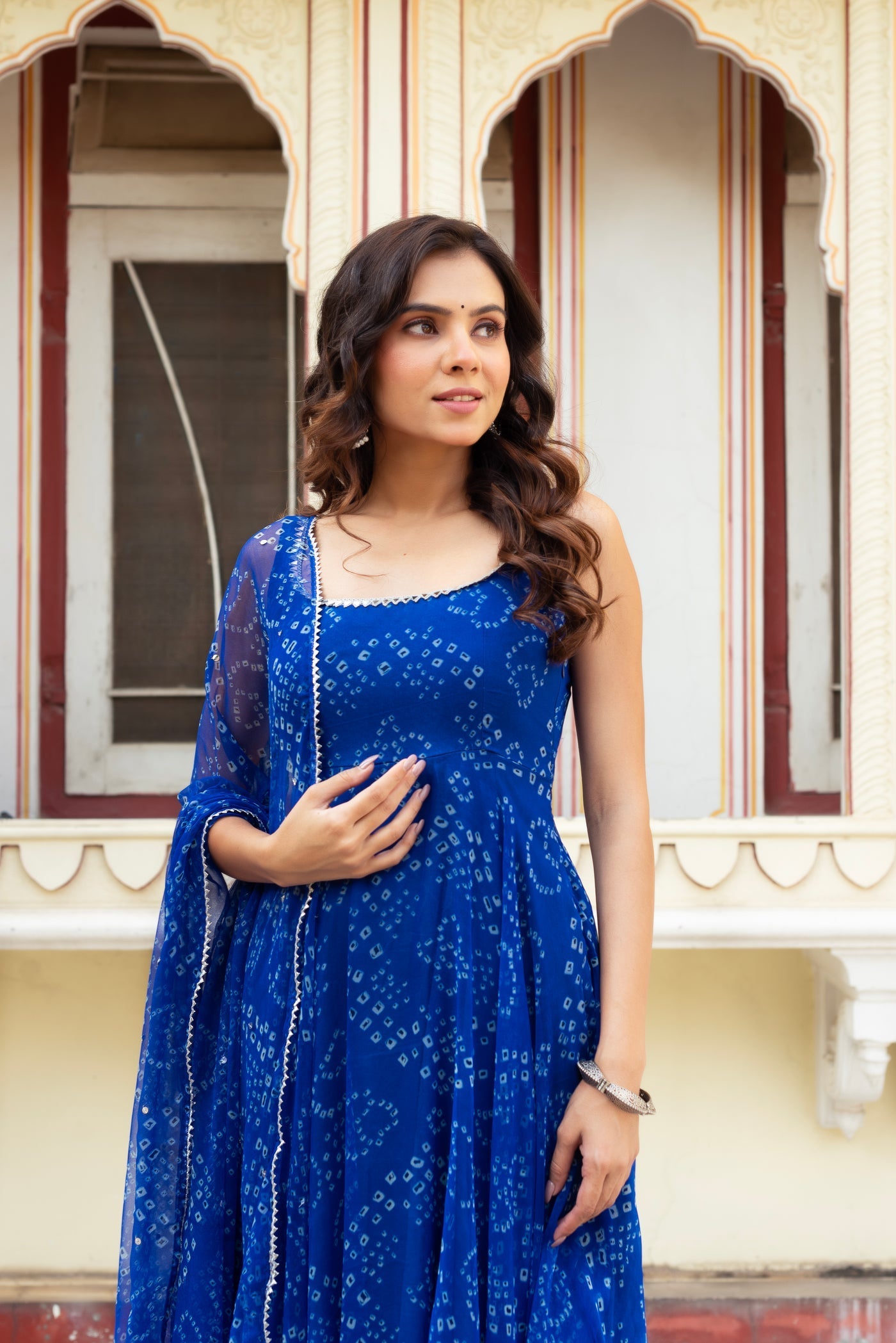 Blue color Digital printed organza silk Anarkali suit Set