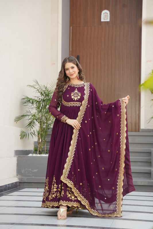Heavy Designer Gown in Wine Georgette With Sequence Embroidery Work and Dupatta