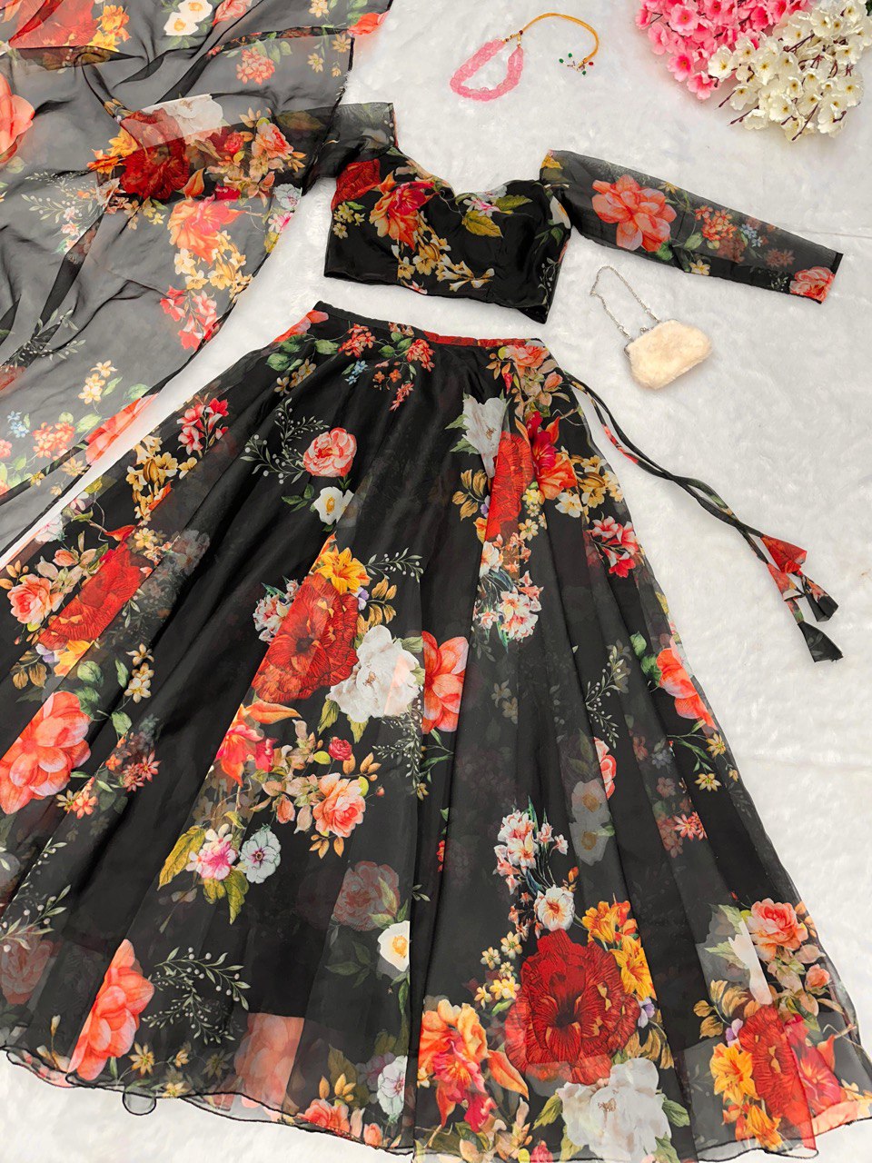 Party Wear Multi Flower Printed Black Color Lehenga Choli
