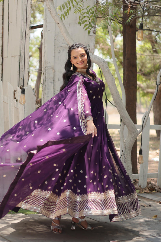 Purple Color Faux Blooming Rich Sequence Embroidered Gown